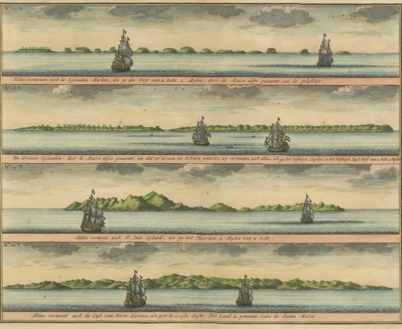 Pamono Colored Antique Print of the Islands of Marken, New Ireland and Other Islands, 1726> Posters