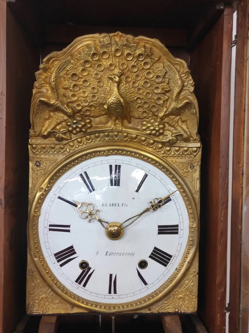 Pamono Comtoise Clock in Fir and Hammered Brass from Befos> Clocks