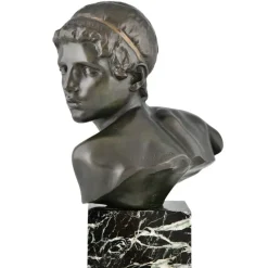 Pamono Constant Roux, Art Deco Bust of Young Achilles, 1920, Bronze on Marble Base> Art Deco