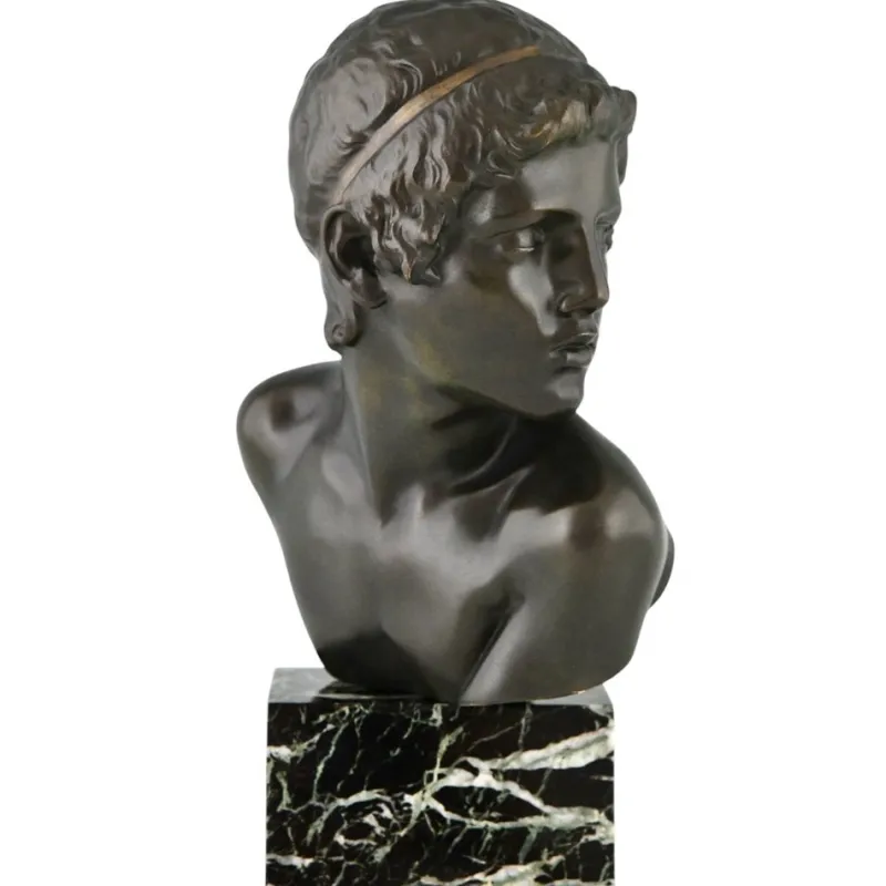 Pamono Constant Roux, Art Deco Bust of Young Achilles, 1920, Bronze on Marble Base> Art Deco