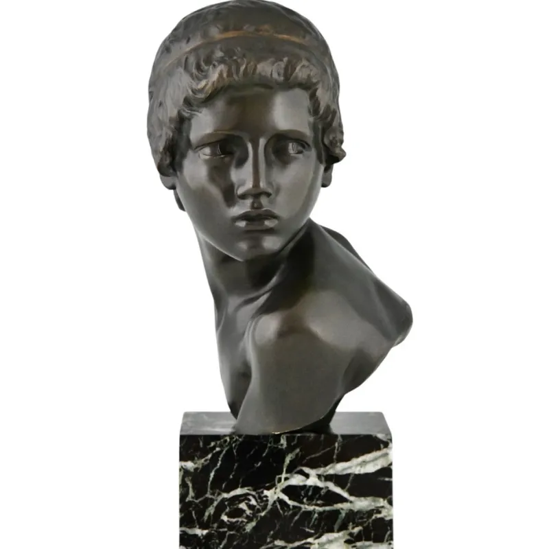 Pamono Constant Roux, Art Deco Bust of Young Achilles, 1920, Bronze on Marble Base> Art Deco