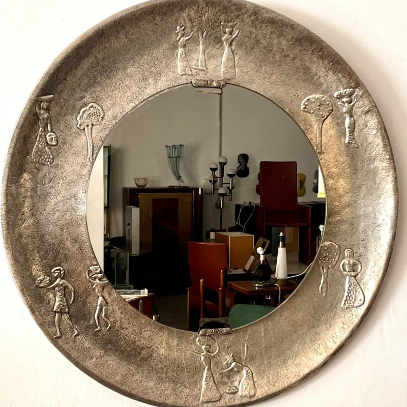 Pamono Copper Frame Mirror with Embossed Decor by Angelo Bragalini, 1950s> Mirrors