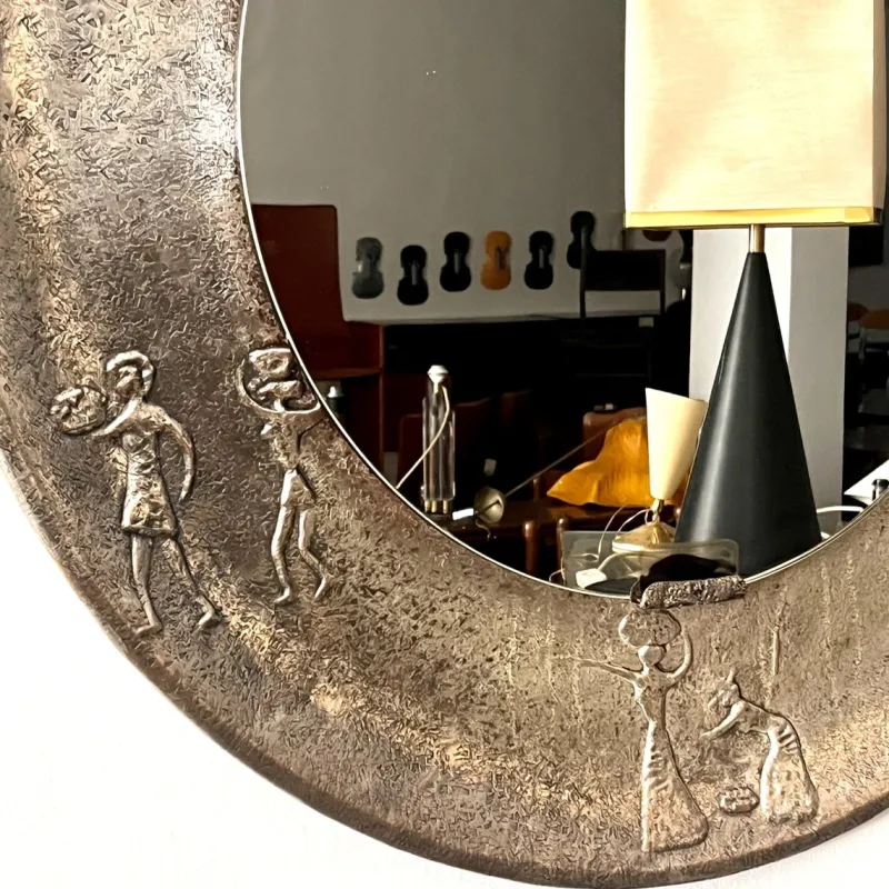 Pamono Copper Frame Mirror with Embossed Decor by Angelo Bragalini, 1950s> Mirrors
