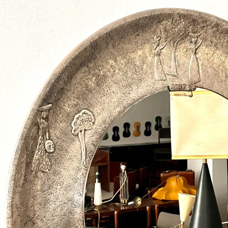 Pamono Copper Frame Mirror with Embossed Decor by Angelo Bragalini, 1950s> Mirrors