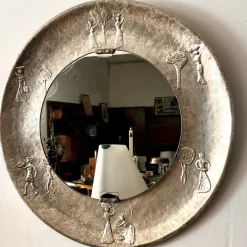 Pamono Copper Frame Mirror with Embossed Decor by Angelo Bragalini, 1950s><noscript><img width=