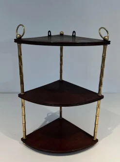 Discount Pamono Corner Shelf in Brass Faux-Bamboo and Mahogany in the style of Maison Baguès