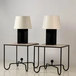 Pamono Croisillon Matte Black Lamps and Entretoise Travertine Tables, Set of 4><noscript><img width=