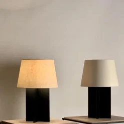 Pamono Croisillon Matte Black Lamps and Entretoise Travertine Tables, Set of 4><noscript><img width=