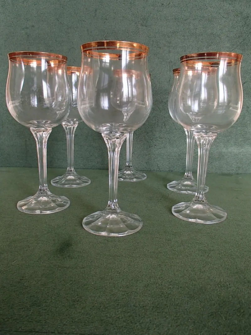 Pamono Crystal Wine Glasses with Gold Rim, 1960s, Set of 6> Glassware