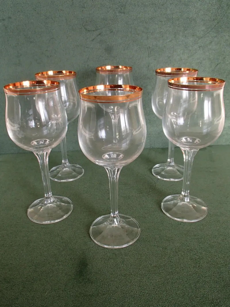 Pamono Crystal Wine Glasses with Gold Rim, 1960s, Set of 6> Glassware