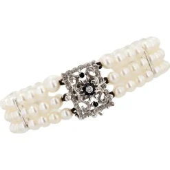 Pamono Cultured Pearl 18 Karat White Gold Sapphire Diamond Clasp 3 Rows Bracelet, 1970s> Necklaces