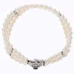 Pamono Cultured Pearl 18 Karat White Gold Sapphire Diamond Clasp 3 Rows Bracelet, 1970s><noscript><img width=