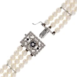 Pamono Cultured Pearl 18 Karat White Gold Sapphire Diamond Clasp 3 Rows Bracelet, 1970s><noscript><img width=