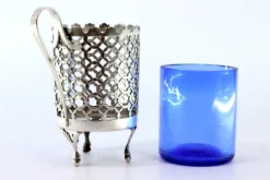 Pamono Cut-Out Silver Sugar Bowl with Blue Glass Core> Coffee & Tea Service