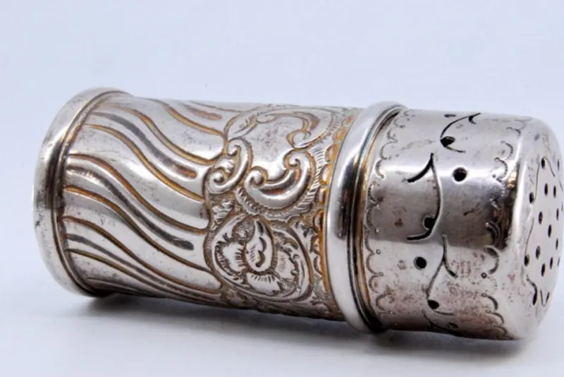 Pamono Cylindrical Silver Salt Shaker with Shells and Scrolls> Salt & Pepper Shakers