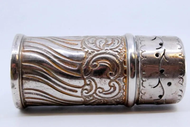 Pamono Cylindrical Silver Salt Shaker with Shells and Scrolls> Salt & Pepper Shakers