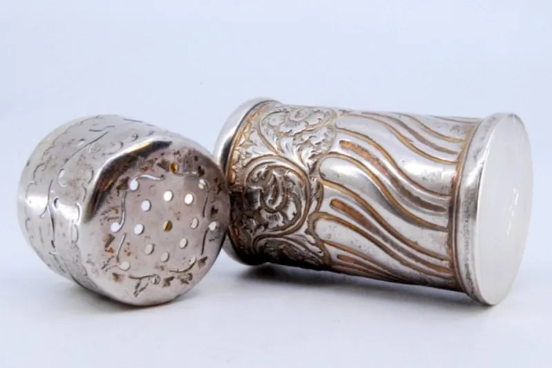 Pamono Cylindrical Silver Salt Shaker with Shells and Scrolls> Salt & Pepper Shakers