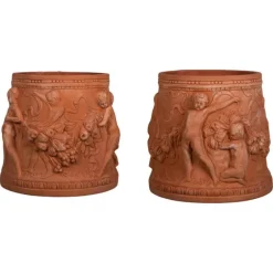 Pamono Cylindrical Terracotta Impruneta Planters with Putti, Late 20th Century, Set of 2> Planters And Jardiniere