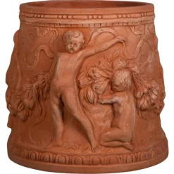 Pamono Cylindrical Terracotta Impruneta Planters with Putti, Late 20th Century, Set of 2><noscript><img width=