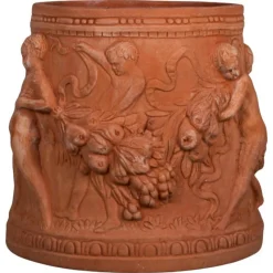Pamono Cylindrical Terracotta Impruneta Planters with Putti, Late 20th Century, Set of 2><noscript><img width=