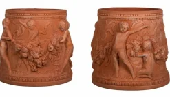Pamono Cylindrical Terracotta Impruneta Planters with Putti, Late 20th Century, Set of 2><noscript><img width=