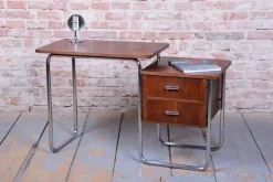 Pamono Czech Bauhaus Writing Desk in Oak and Chrome attributed to Robert Slezák, 1930s><noscript><img width=
