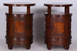 Pamono Czech Cubist Bedside Tables in Oak and Walnut, Polished, 1910s, Set of 2> Nightstands