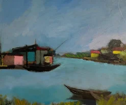 Pamono D'Accardi, River Landscape, 20th Century, Oil Painting on Panel, Framed