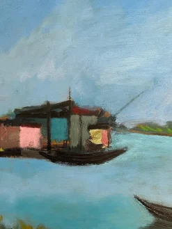 Pamono D'Accardi, River Landscape, 20th Century, Oil Painting on Panel, Framed
