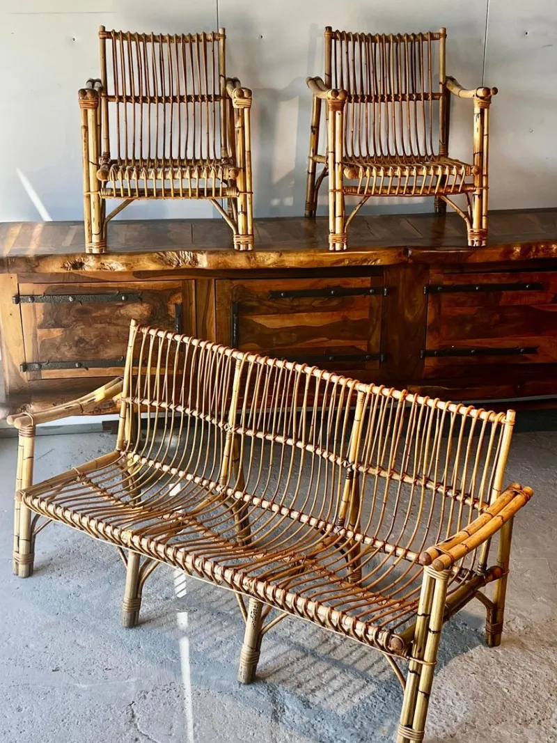 Pamono Dal Vera Bamboo and Rattan Sofa and Armchairs, 1970, Set of 3> Garden Seating