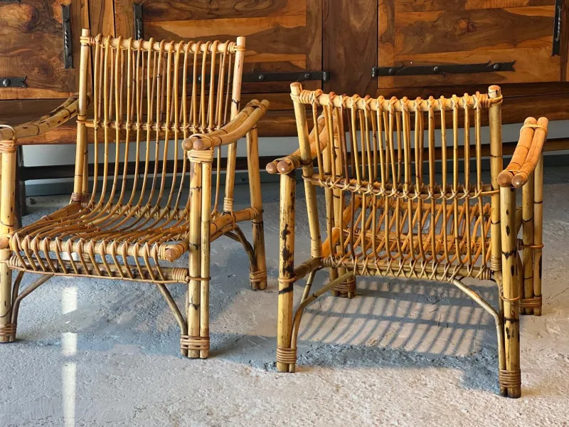 Pamono Dal Vera Bamboo and Rattan Sofa and Armchairs, 1970, Set of 3> Garden Seating