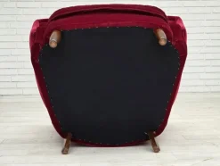 Pamono Danish Armchair in Cherry-Red Velour with Beech Legs, 1960s> Lounge Chairs & Armchairs