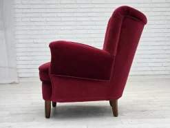 Pamono Danish Armchair in Cherry-Red Velour with Beech Legs, 1960s><noscript><img width=