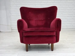 Pamono Danish Armchair in Cherry-Red Velour with Beech Legs, 1960s><noscript><img width=