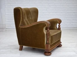Clearance Pamono Danish Armchair in Green Velour and Carved Oak, 1960s