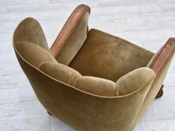 Clearance Pamono Danish Armchair in Green Velour and Carved Oak, 1960s