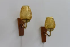Pamono Danish Brass and Amber Glass Wall Sconces from Laoni, 1960s, Set of 2><noscript><img width=