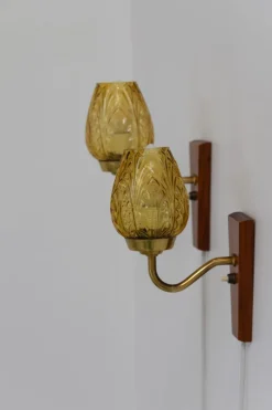Pamono Danish Brass and Amber Glass Wall Sconces from Laoni, 1960s, Set of 2><noscript><img width=