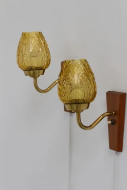 Pamono Danish Brass and Amber Glass Wall Sconces from Laoni, 1960s, Set of 2><noscript><img width=