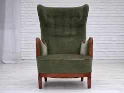 Hot Pamono Danish Highback Armchair in Green Velour and Teak Wood, 1960s