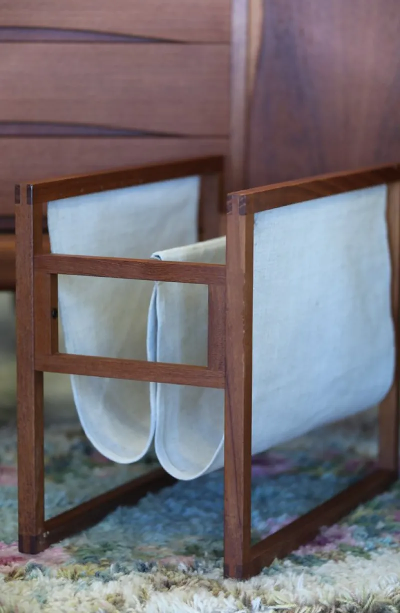 Clearance Pamono Danish Magazine Rack Teak in Linen by Henning Wind Hansen for Sika Møbler, 1960s