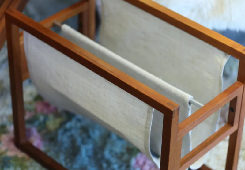 Clearance Pamono Danish Magazine Rack Teak in Linen by Henning Wind Hansen for Sika Møbler, 1960s