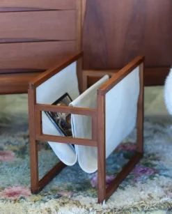 Clearance Pamono Danish Magazine Rack Teak in Linen by Henning Wind Hansen for Sika Møbler, 1960s