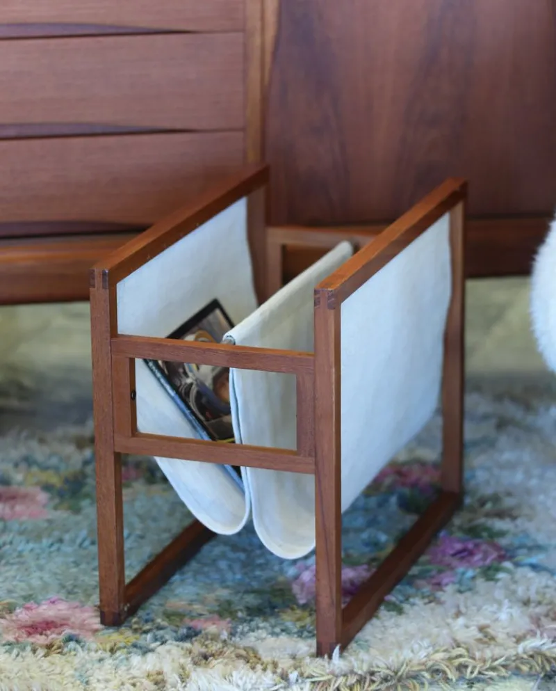 Clearance Pamono Danish Magazine Rack Teak in Linen by Henning Wind Hansen for Sika Møbler, 1960s