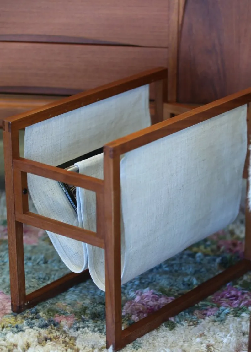 Clearance Pamono Danish Magazine Rack Teak in Linen by Henning Wind Hansen for Sika Møbler, 1960s