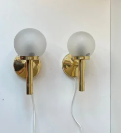 Pamono Danish Modern Brass and Frosted Glass Wall Sconces from Abo Metalkunst, 1970s, Set of 2><noscript><img width=
