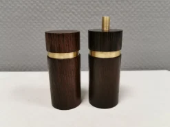 Pamono Danish Salt and Pepper Set in Wenge Wood and Brass by Svend Aage Petersen for Saap 1950s, Set of 2> Salt & Pepper Shakers