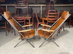 New Pamono Danish Style Tan Leather Armchairs, Set of 2