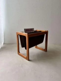 Pamono Danish Teak and Suede Reading Basket from Vildbjerg Møbelfabrik, 1960s><noscript><img width=