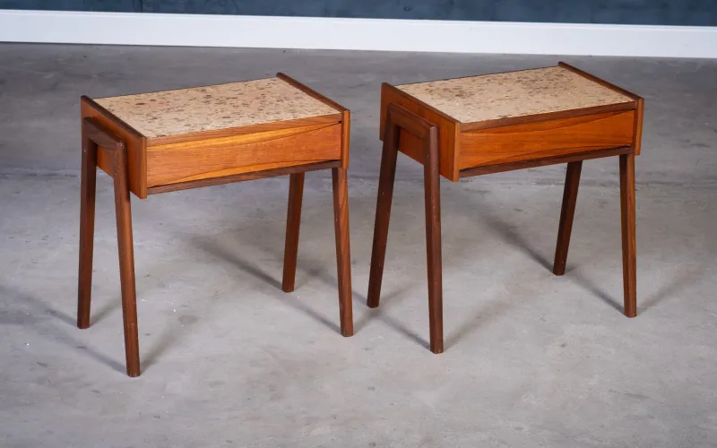 Sale Pamono Danish Teak Bedside Tables with Cork Top by Ølholm Møbelfabrik, 1960s, Set of 2